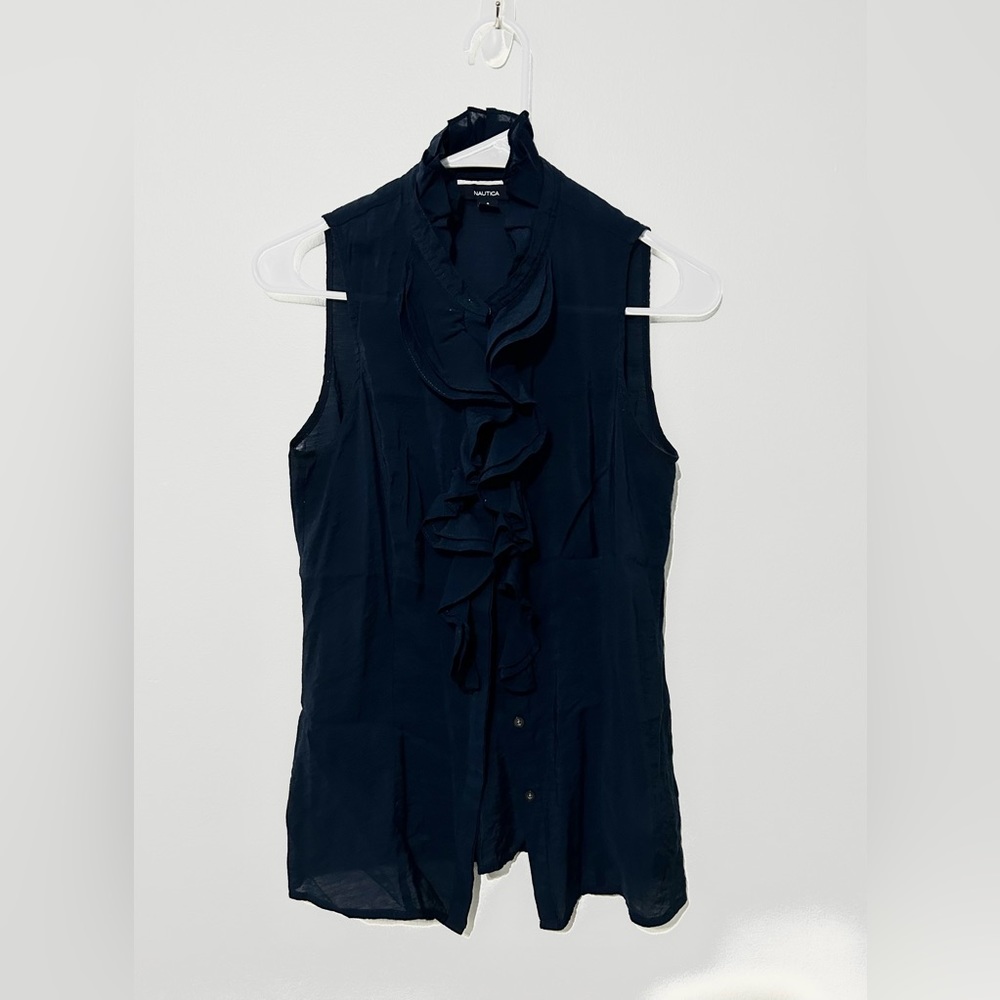 a navy blue ruffle blouse